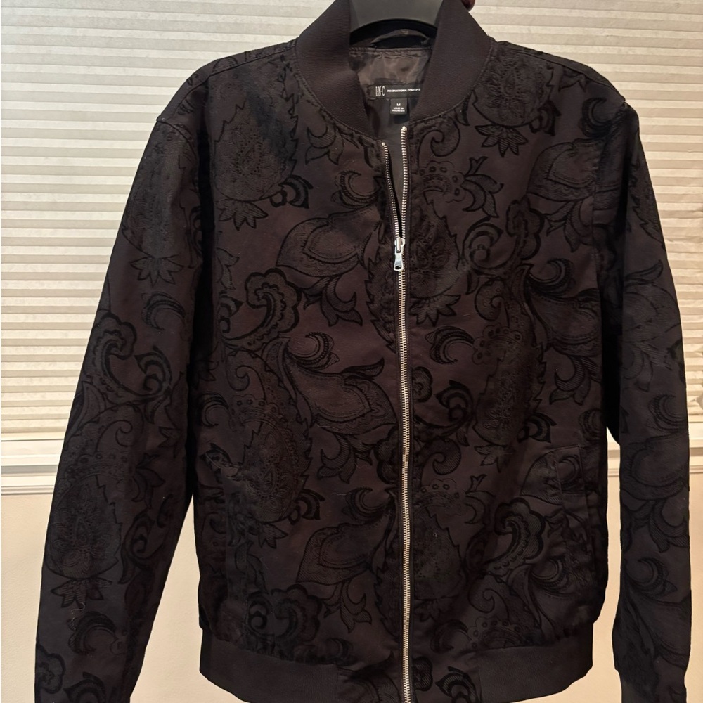 INC International Concepts Black Patterned Bomber Jacket